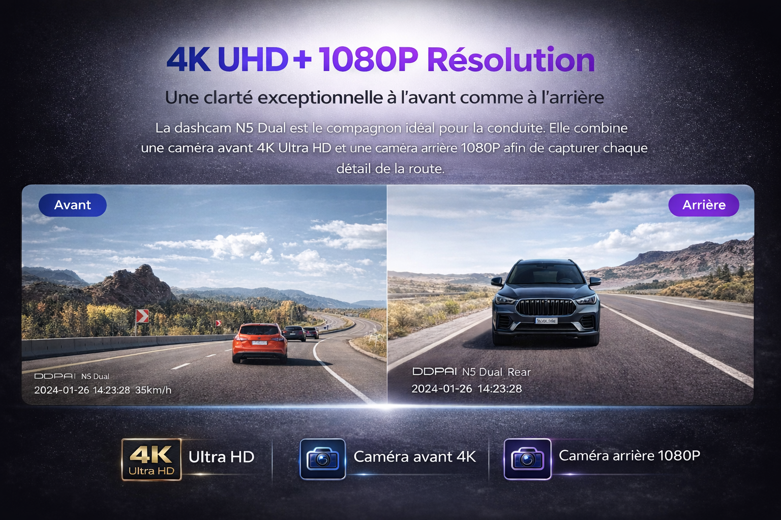 CamShield Auto N5 Dual 4K – Dashcam Avant & Arrière GPS avec Vision Nocturne