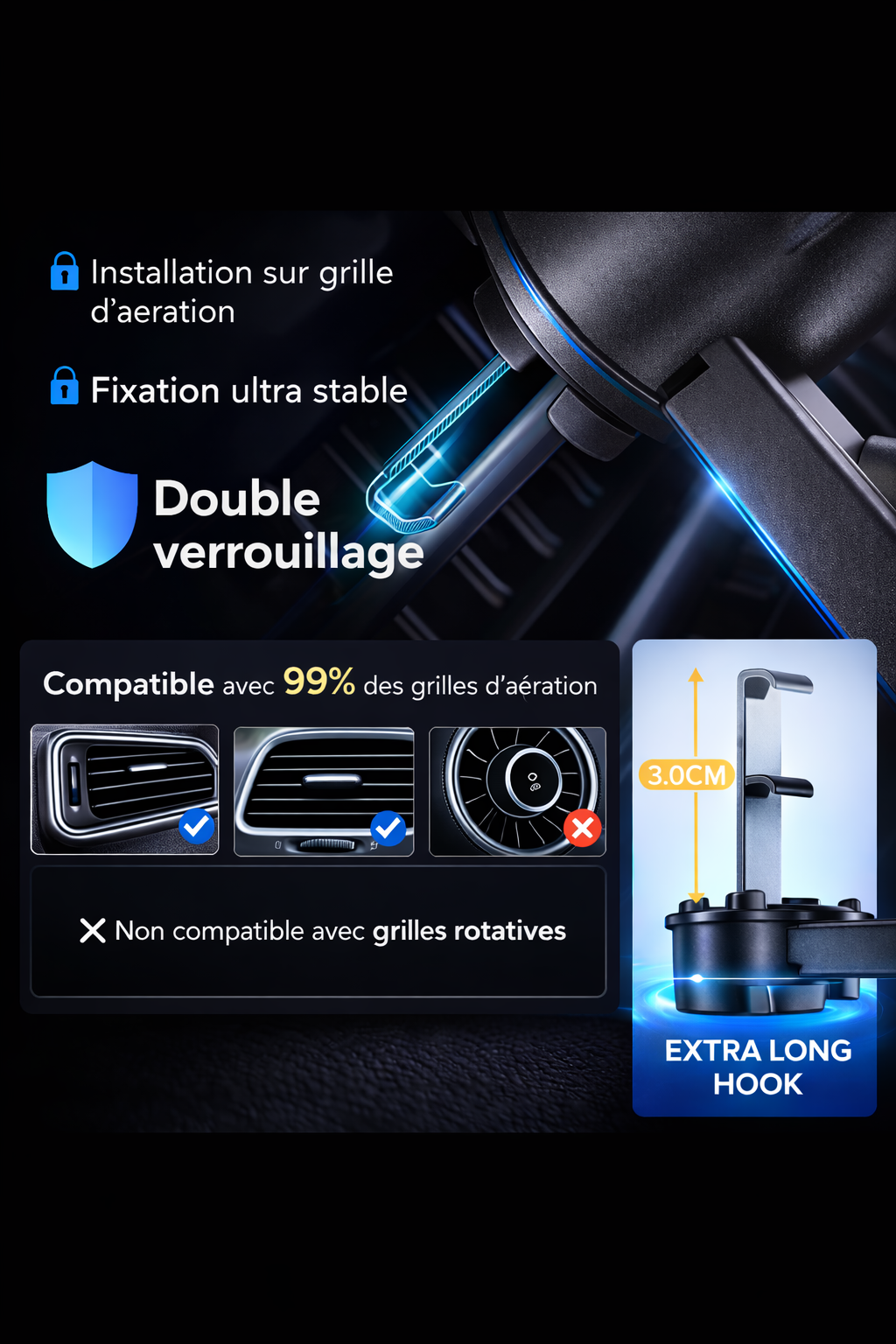 CamShield Auto – Support Téléphone Voiture avec Clip Métallique Renforcé pour Grille d’Aération, Support Smartphone Universel Mains Libres
