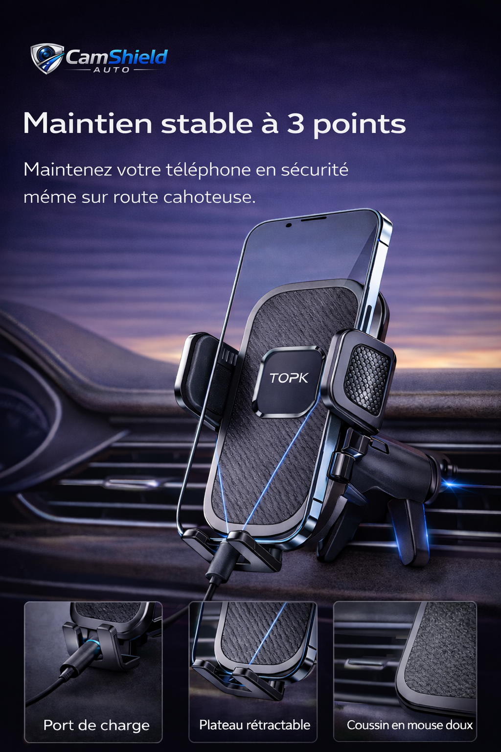 CamShield Auto – Support Téléphone Voiture avec Clip Métallique Renforcé pour Grille d’Aération, Support Smartphone Universel Mains Libres