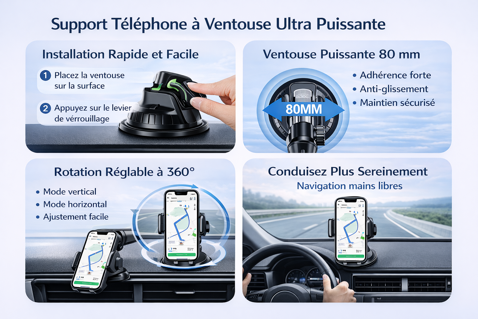 CamShield Auto – Support Téléphone Voiture à Ventouse pour Pare-Brise et Tableau de Bord, Support Smartphone Universel Rotatif