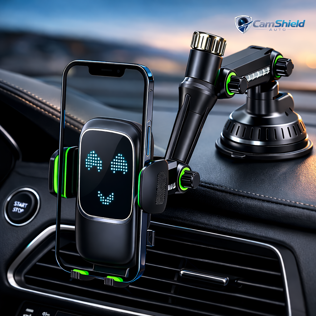 CamShield Auto – Support Téléphone Voiture à Ventouse pour Pare-Brise et Tableau de Bord, Support Smartphone Universel Rotatif